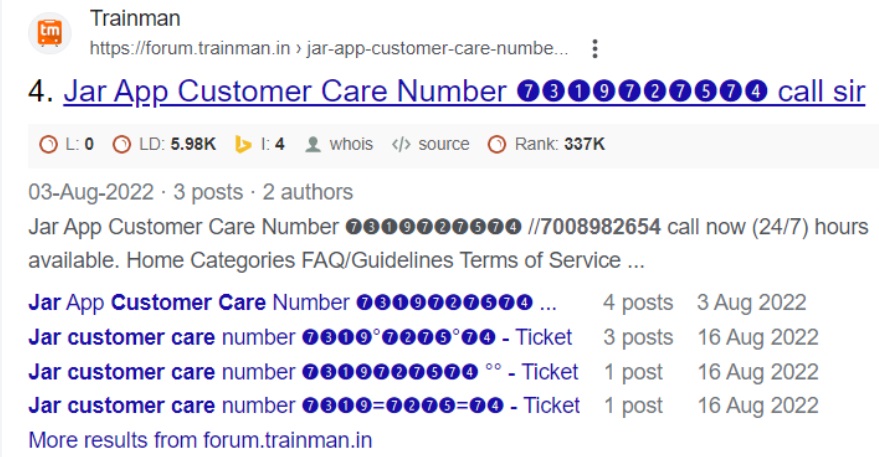 jar App customer care number fake list 